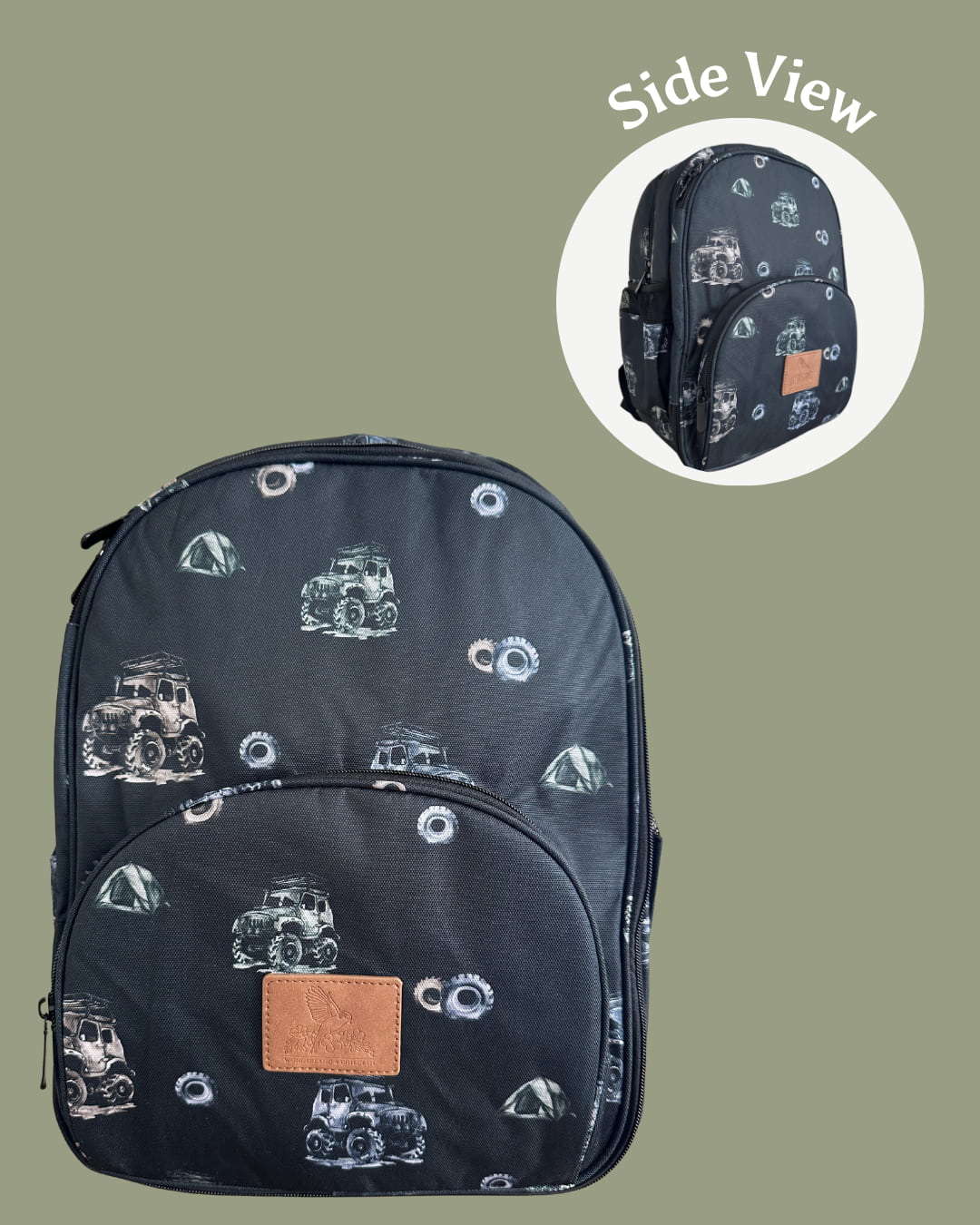 Black backpack with vehicle pattern on a green background