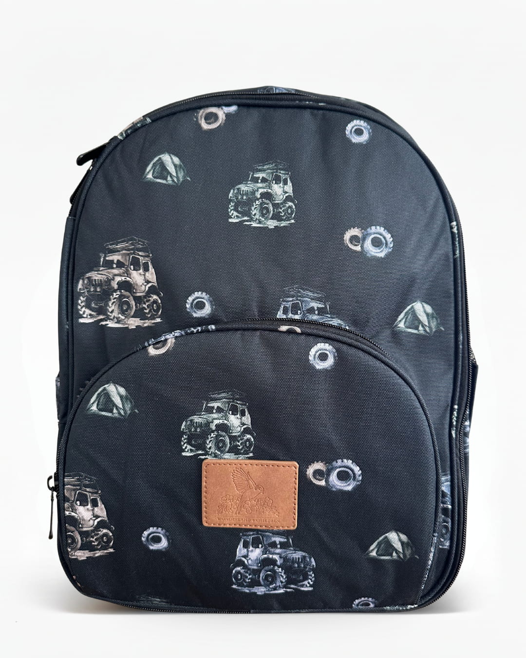 Black kids' backpack featuring an all-over print of trucks, tires, and tents with a front zip pocket and top handle. on a white background