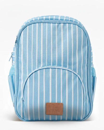Blue and white striped backpack with a brown patch on a white background