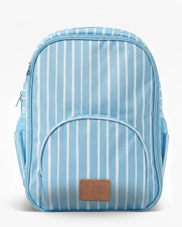 Blue and white striped backpack with a brown patch on a white background