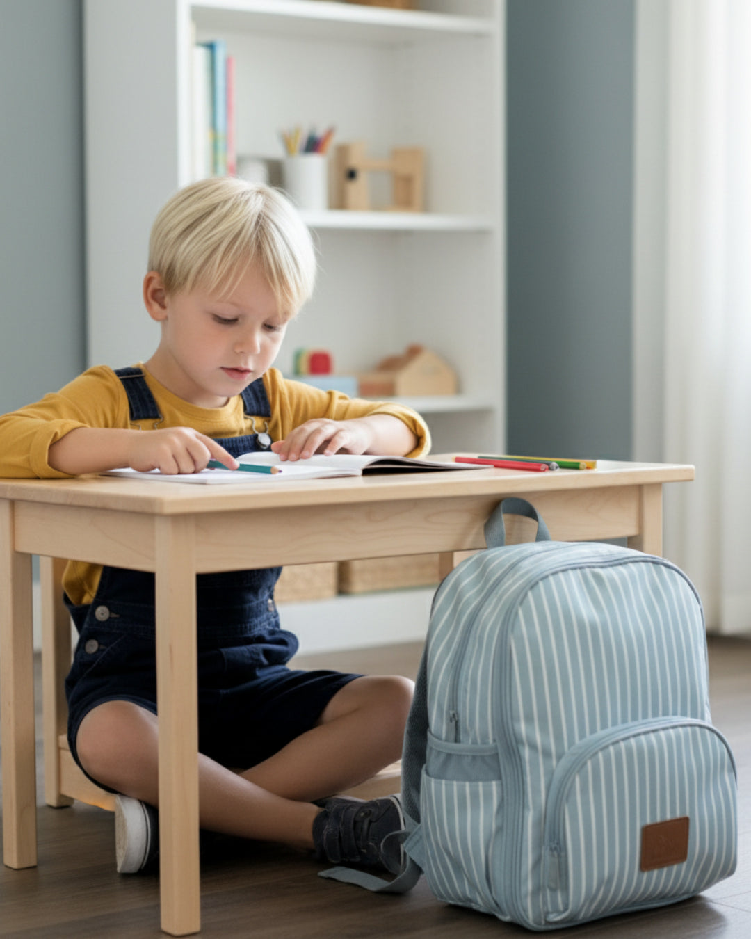 Child sitting at a table with a backpack next to them