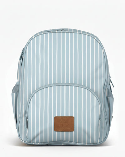 Striped backpack with a brown patch on a white background