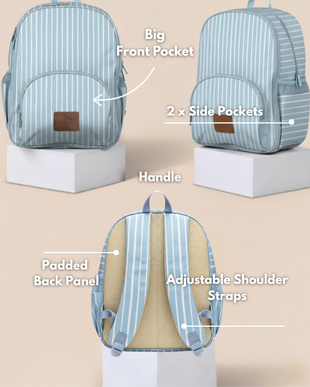 Light blue striped backpack with labeled features on a beige background