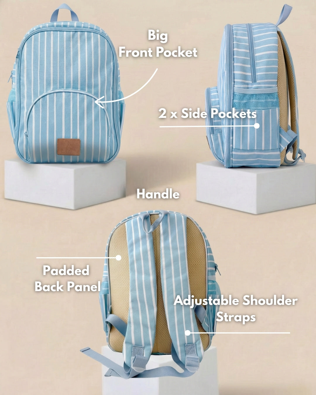 Light blue striped backpack with labeled features on a beige 