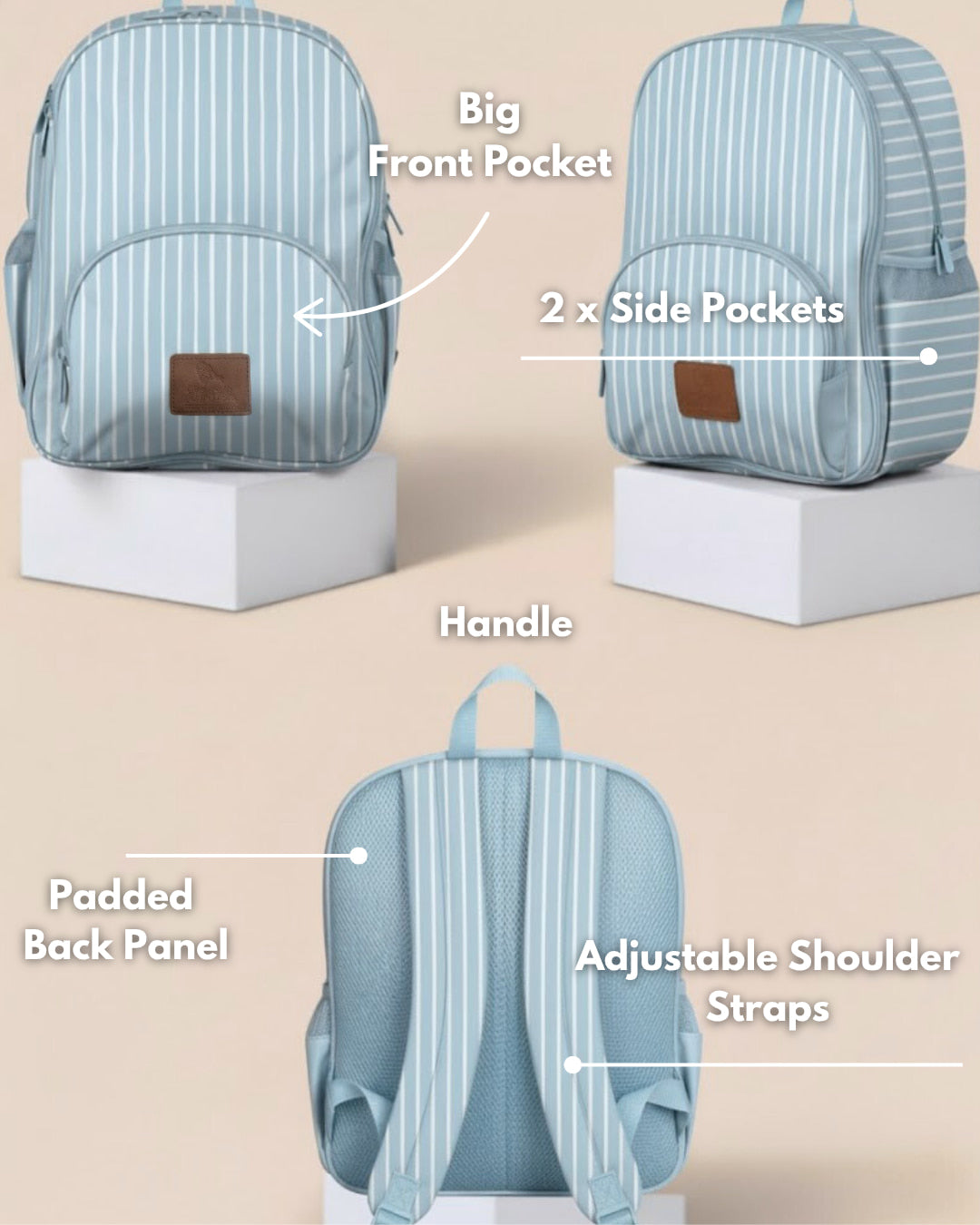 Light blue striped backpack with labeled features on a beige background