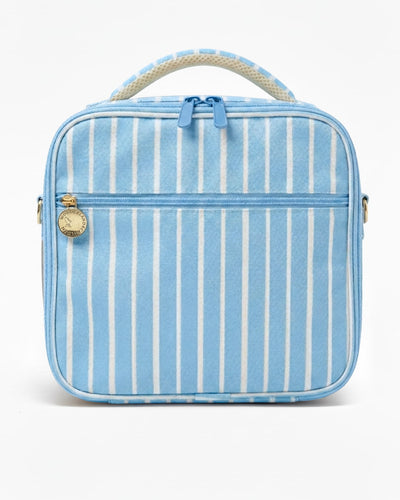 Blue and white striped lunch bag with a handle on a white background
