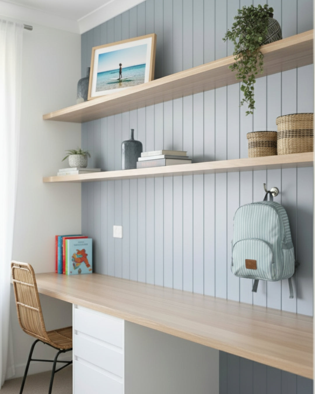 Home office with wooden desk, shelves, and decorative items against a light blue paneled wall.