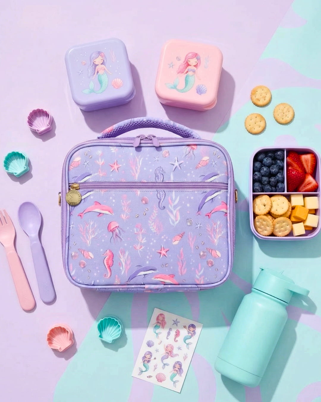 Lunch set with mermaid-themed container, bento box, and water bottle on a colorful background