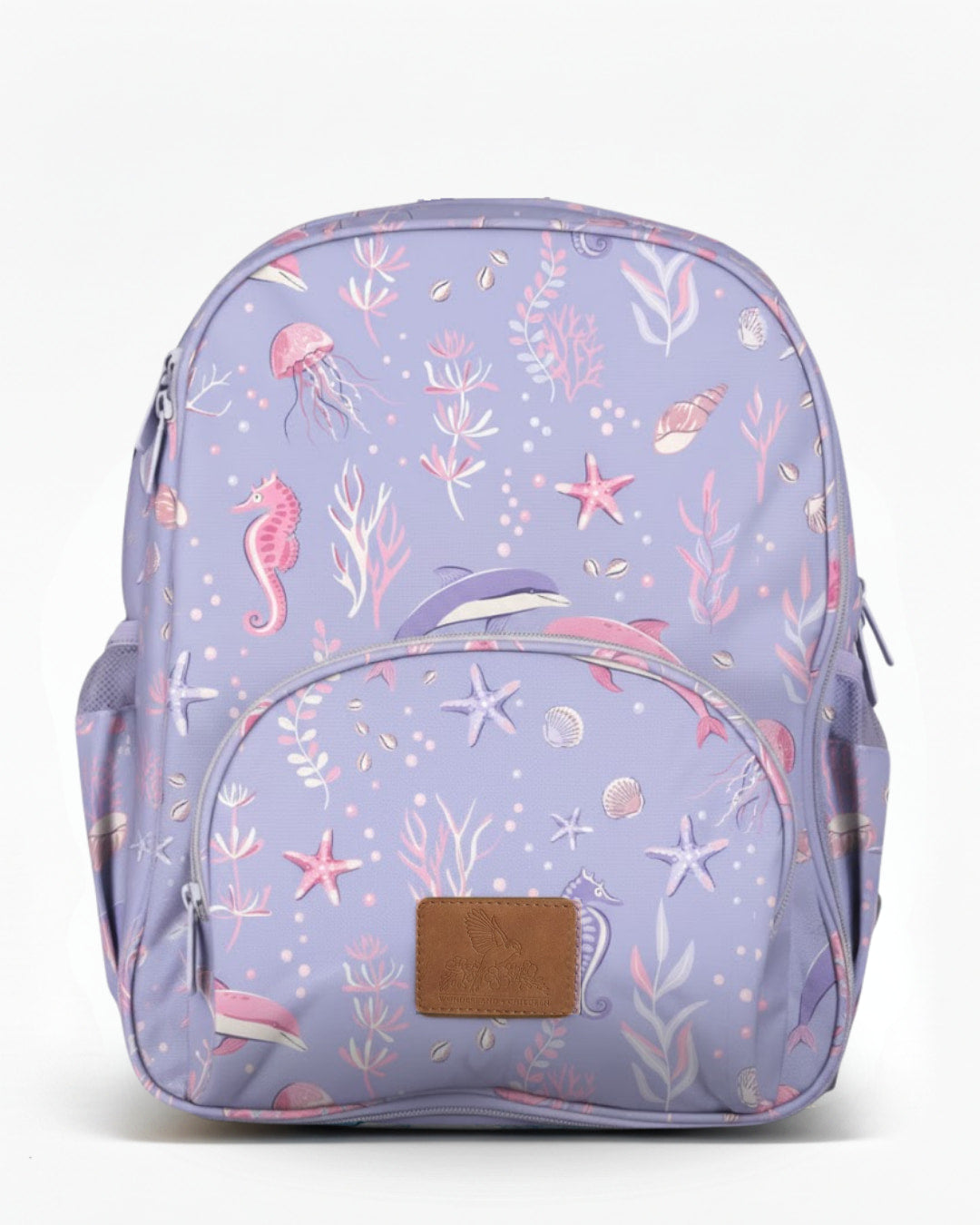 Purple backpack with underwater-themed design on a white background