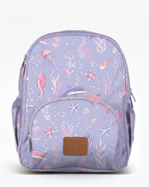 Purple backpack with underwater-themed design on a white background