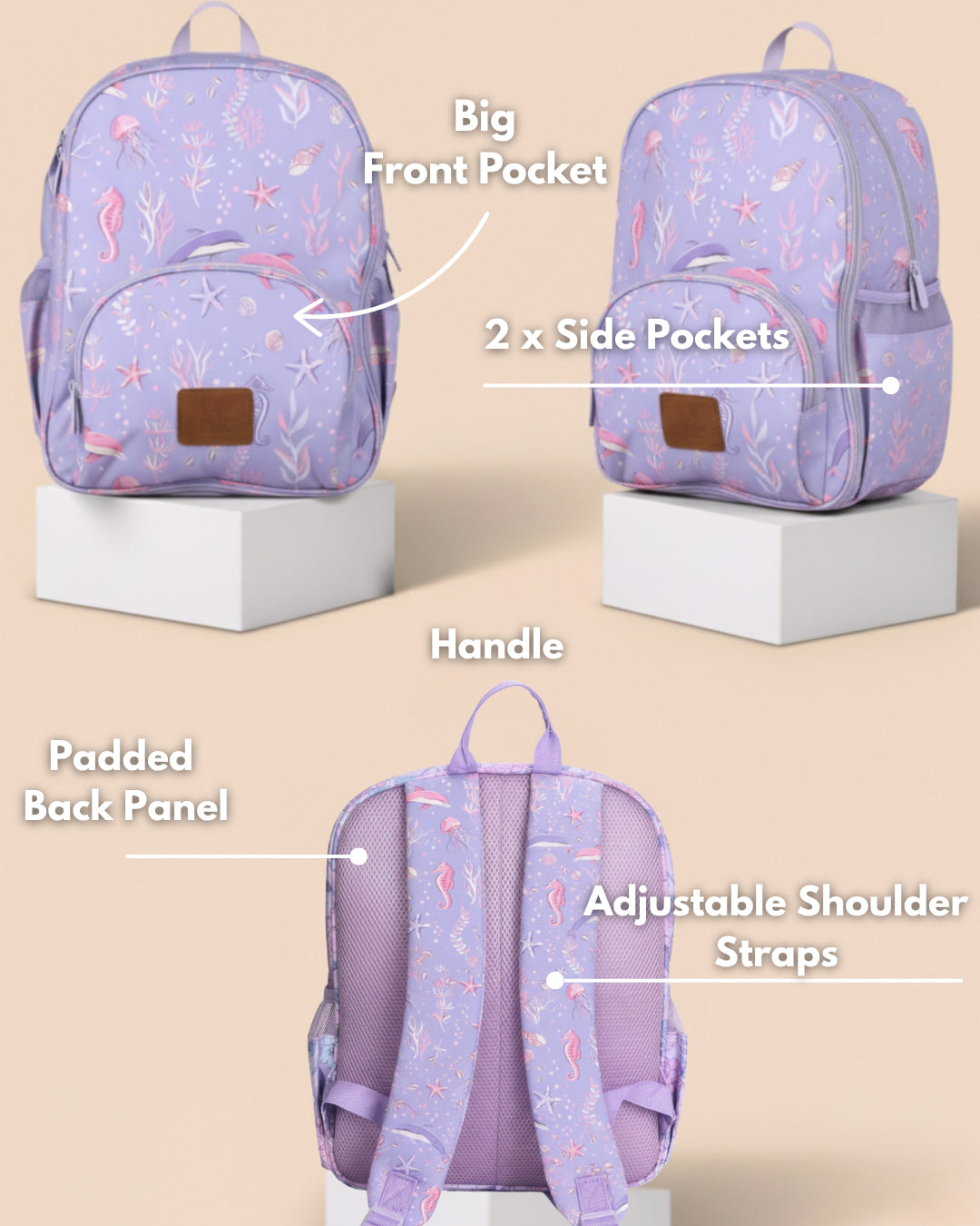 Purple backpack with floral pattern on a beige background, labeled with features.