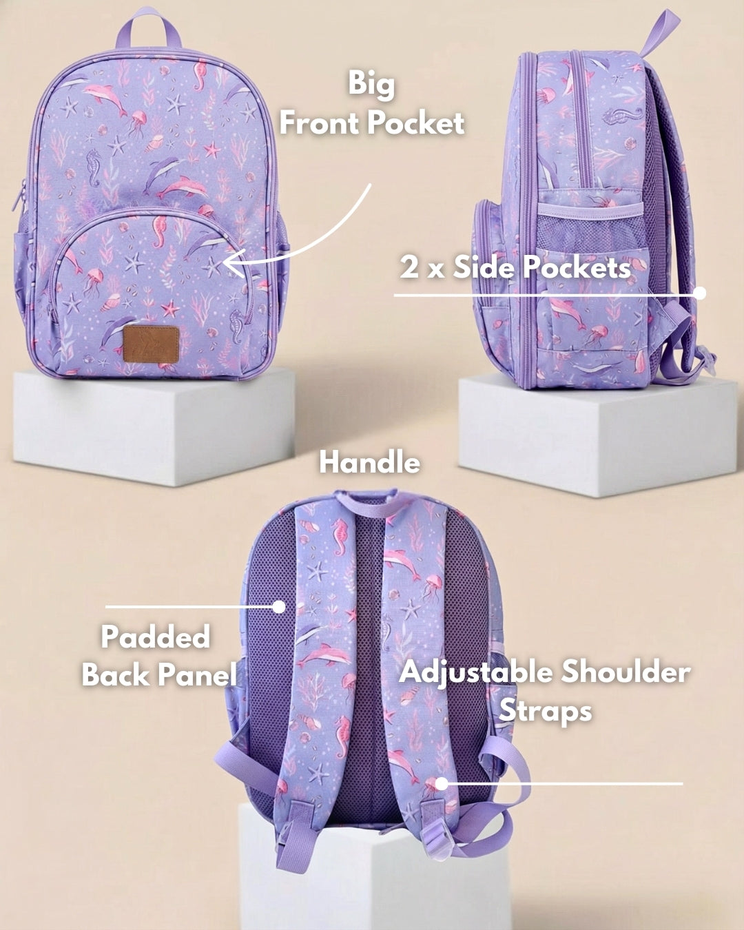 Purple backpack with floral pattern on a beige background, labeled with features.