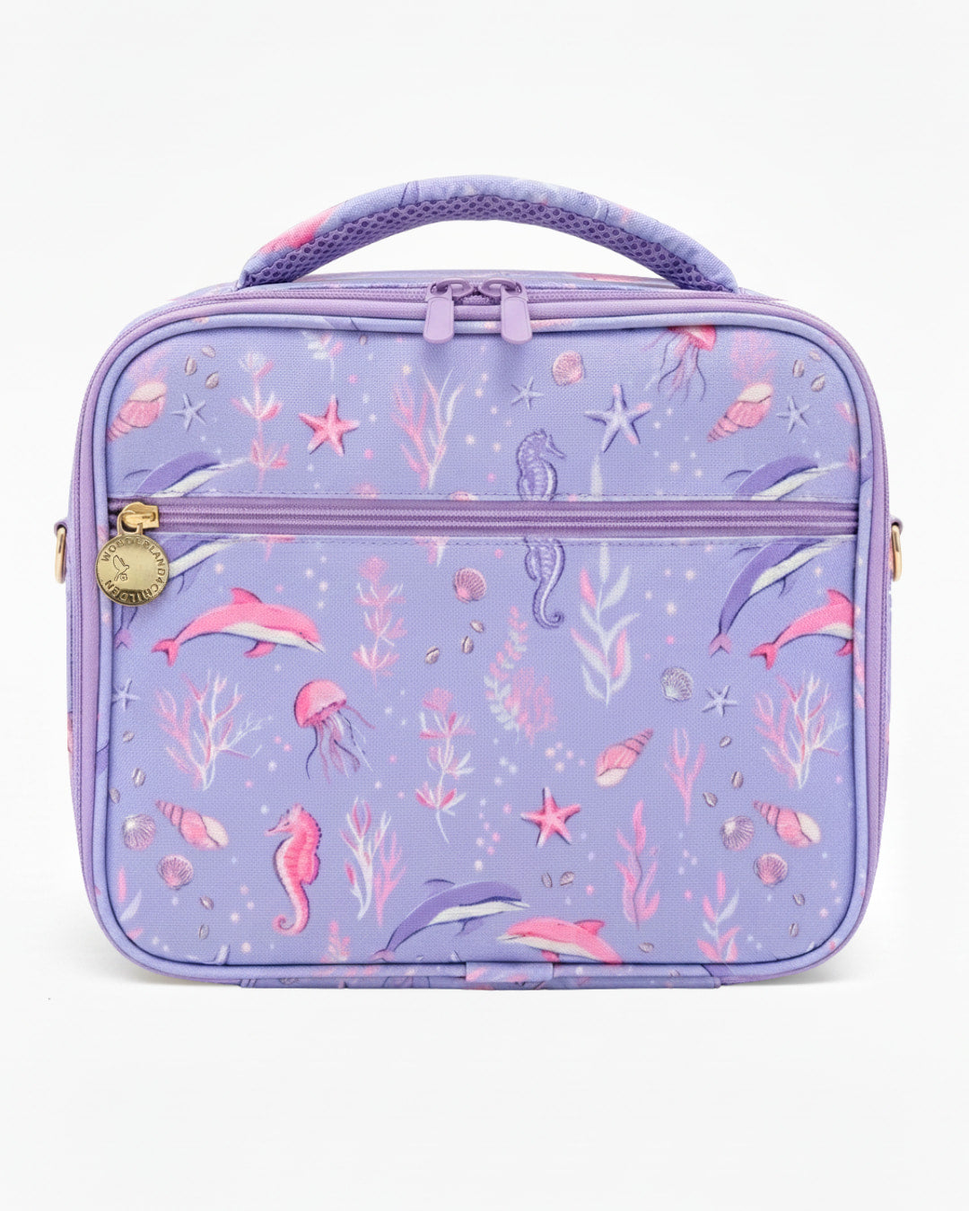 Purple lunch bag with mermaid and sea-themed pattern on a white background