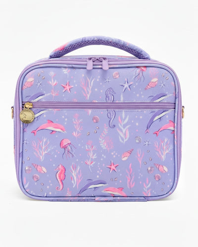 Purple lunch bag with mermaid and sea-themed pattern on a white background