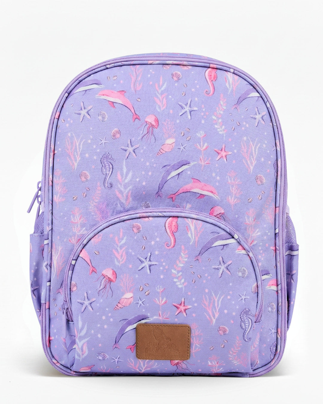 Purple backpack with mermaid and sea-themed pattern on a white background