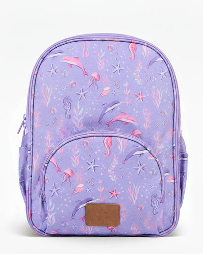 Purple backpack with mermaid and sea-themed pattern on a white background
