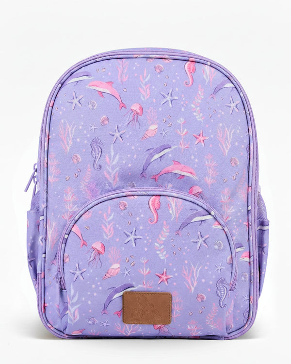 Purple backpack with mermaid and sea-themed pattern on a white background