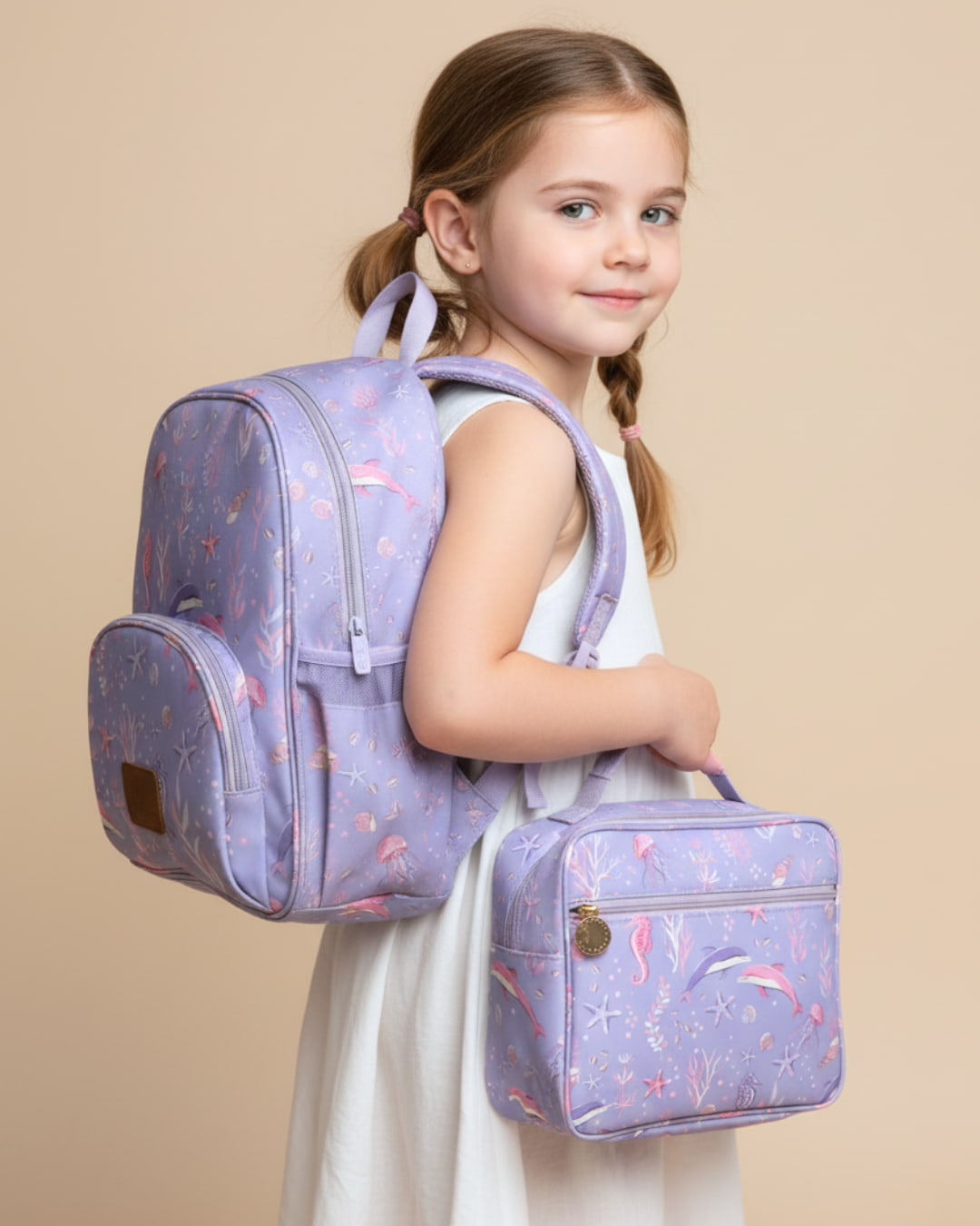 Young girl wearing a purple backpack and matching lunch bag with flamingo pattern on a beige background