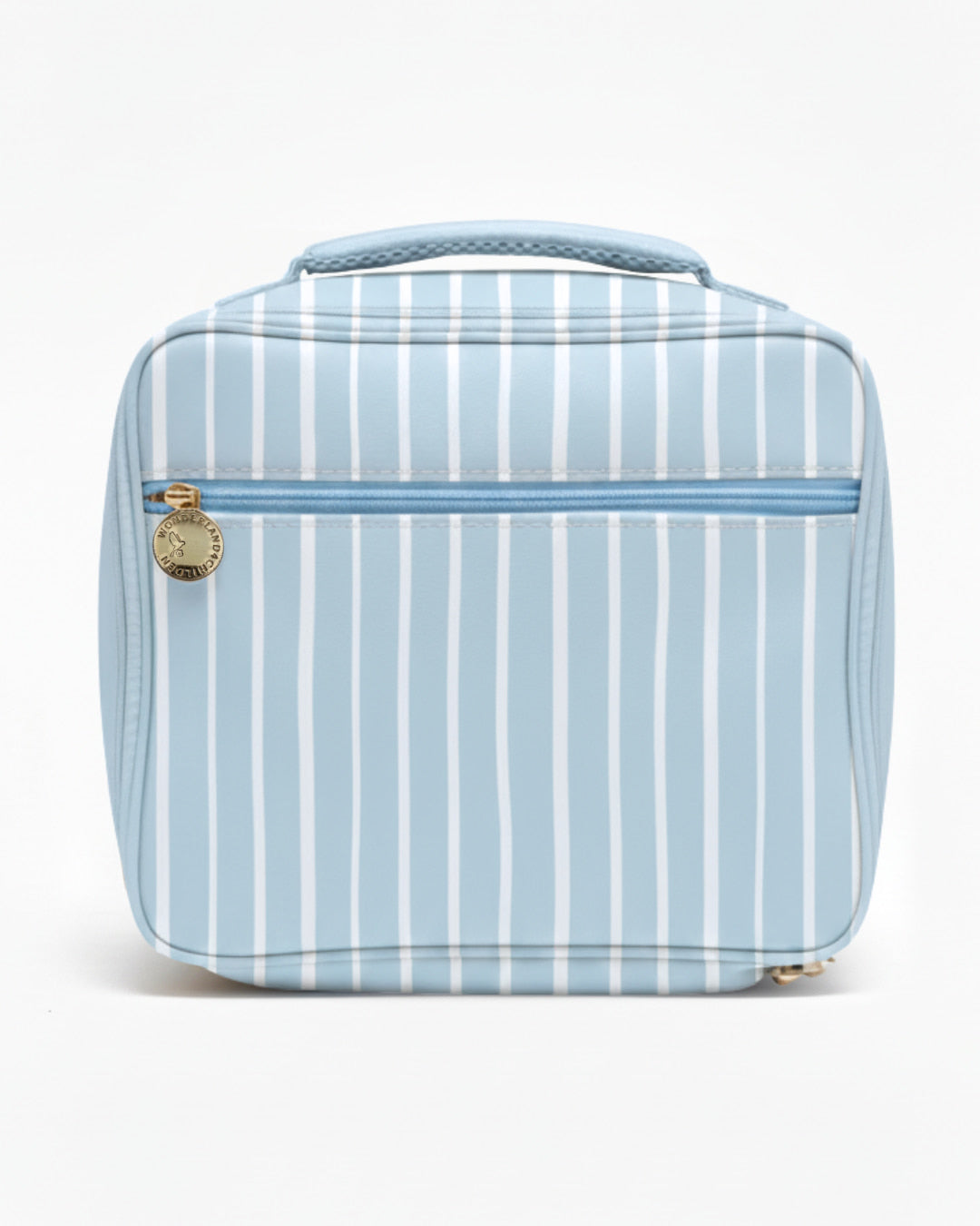 Blue striped lunch bag on a white background