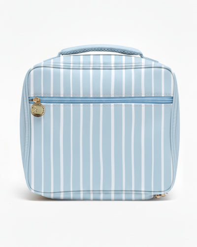 Blue striped lunch bag on a white background