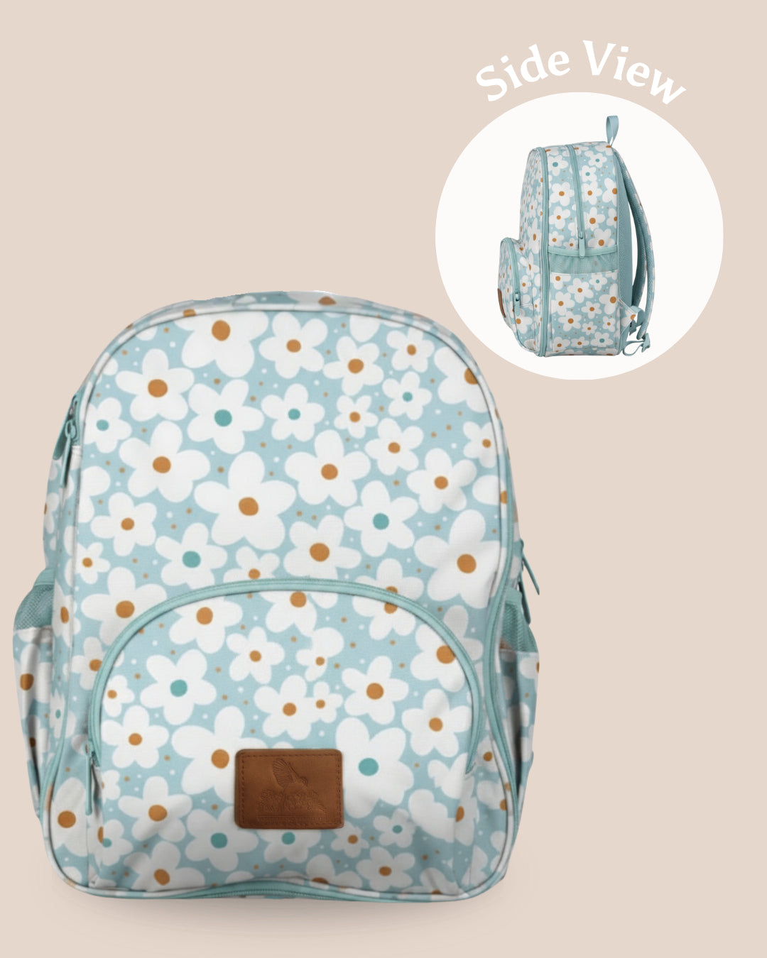 Floral-patterned backpack on a beige background