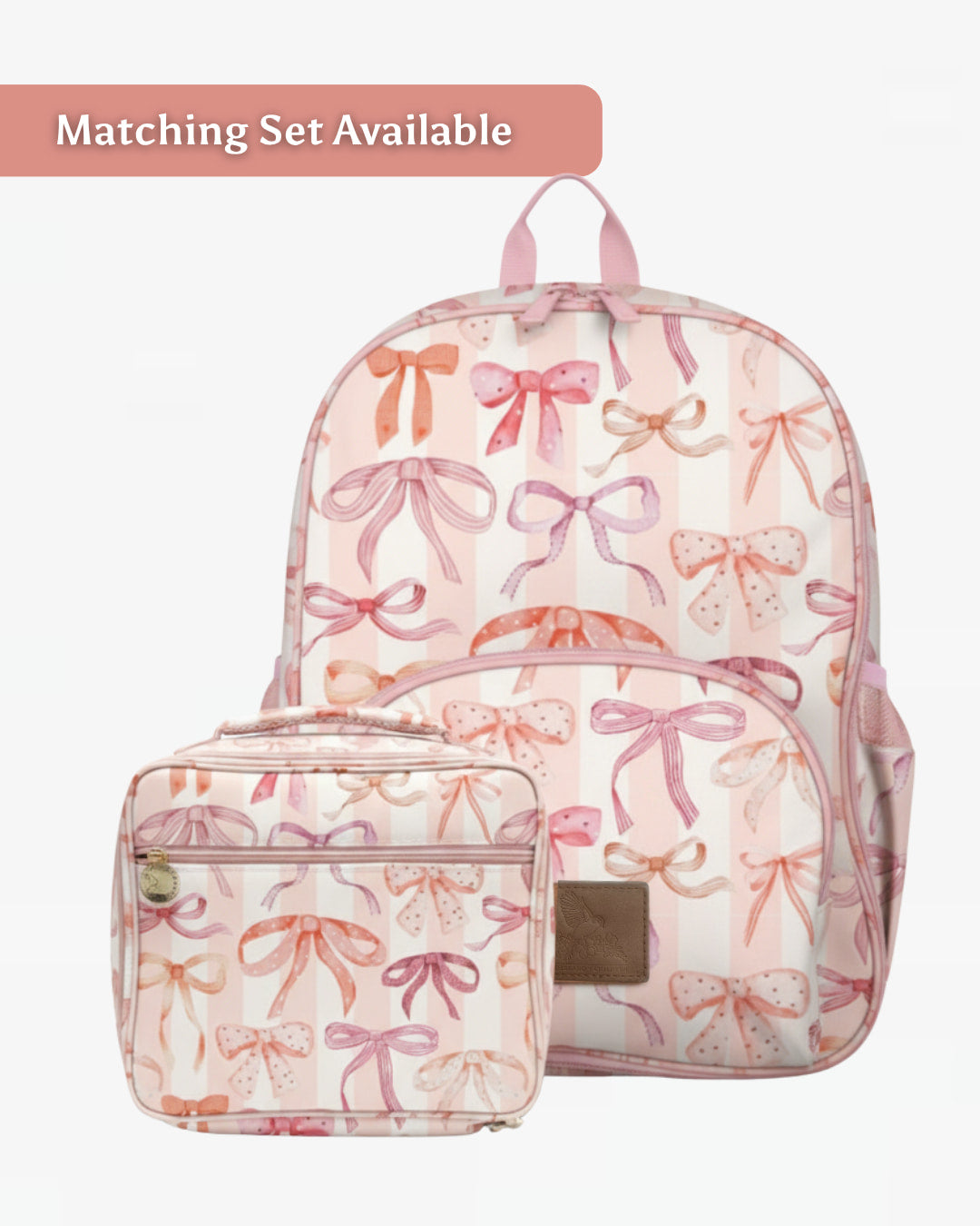 Backpack and lunch bag set with bow pattern on a white background