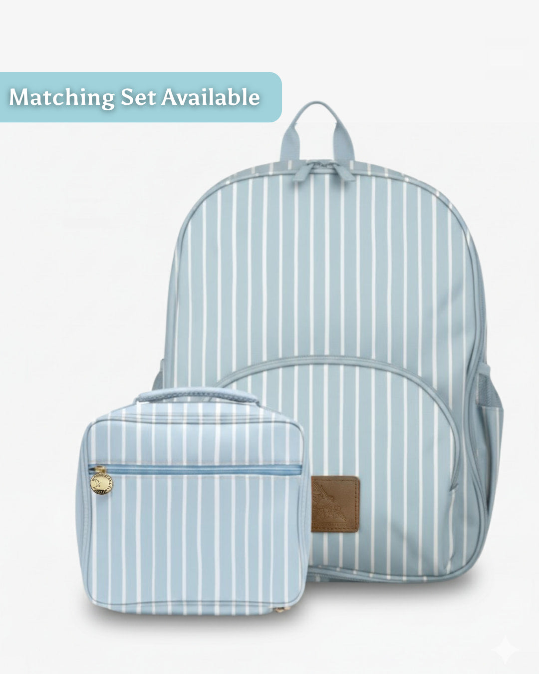 Blue striped backpack and lunch bag set on a light gray background
