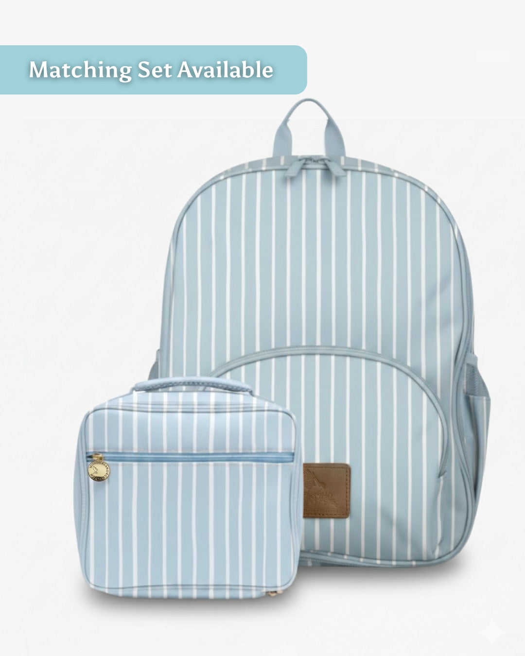 Blue and white striped backpack and lunch bag set on a light gray background
