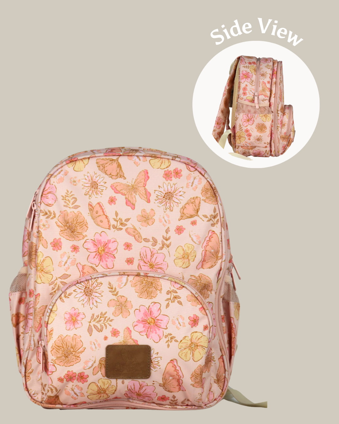 Floral patterned backpack with side view inset on a beige background