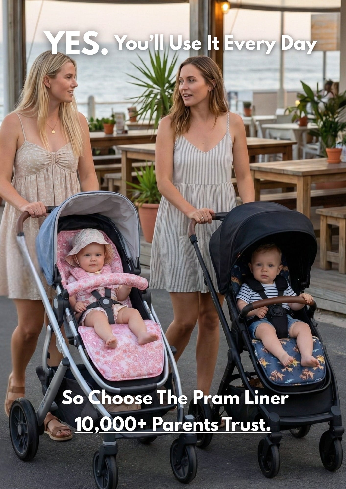 Two women pushing strollers with children, promotional text about a pram liner.