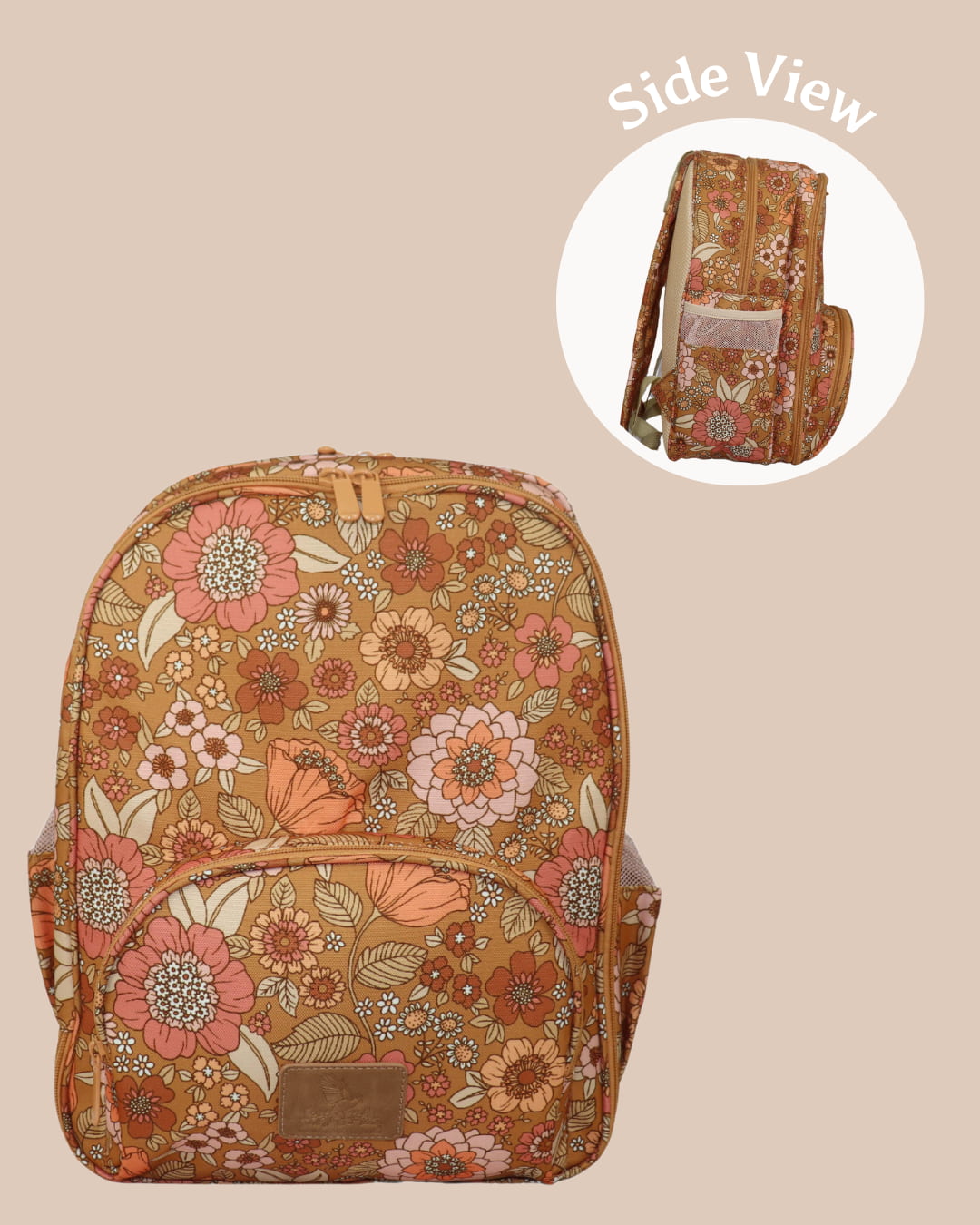 Floral-patterned backpack with a side view inset on a beige background