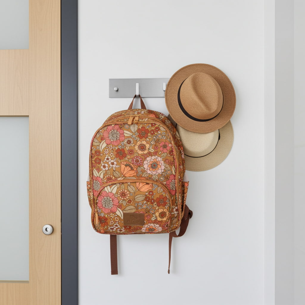 Floral-patterned backpack and hats hanging on a door handle.