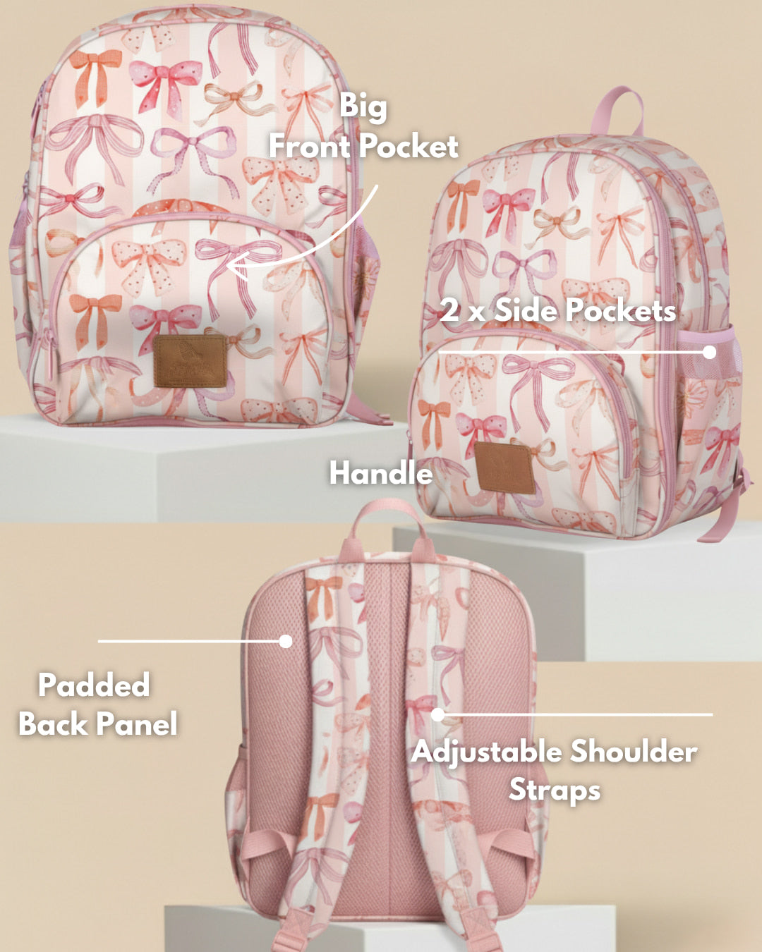 Pink backpack with bow pattern, labeled features on a beige background