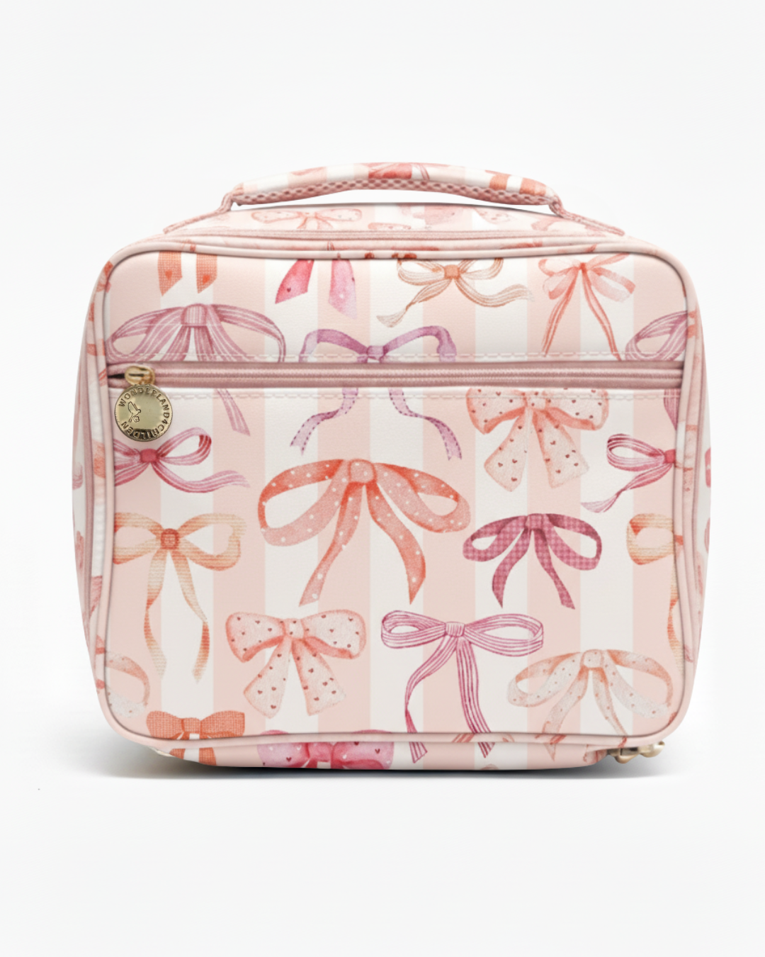 Pink lunch bag with bow pattern on a white background
