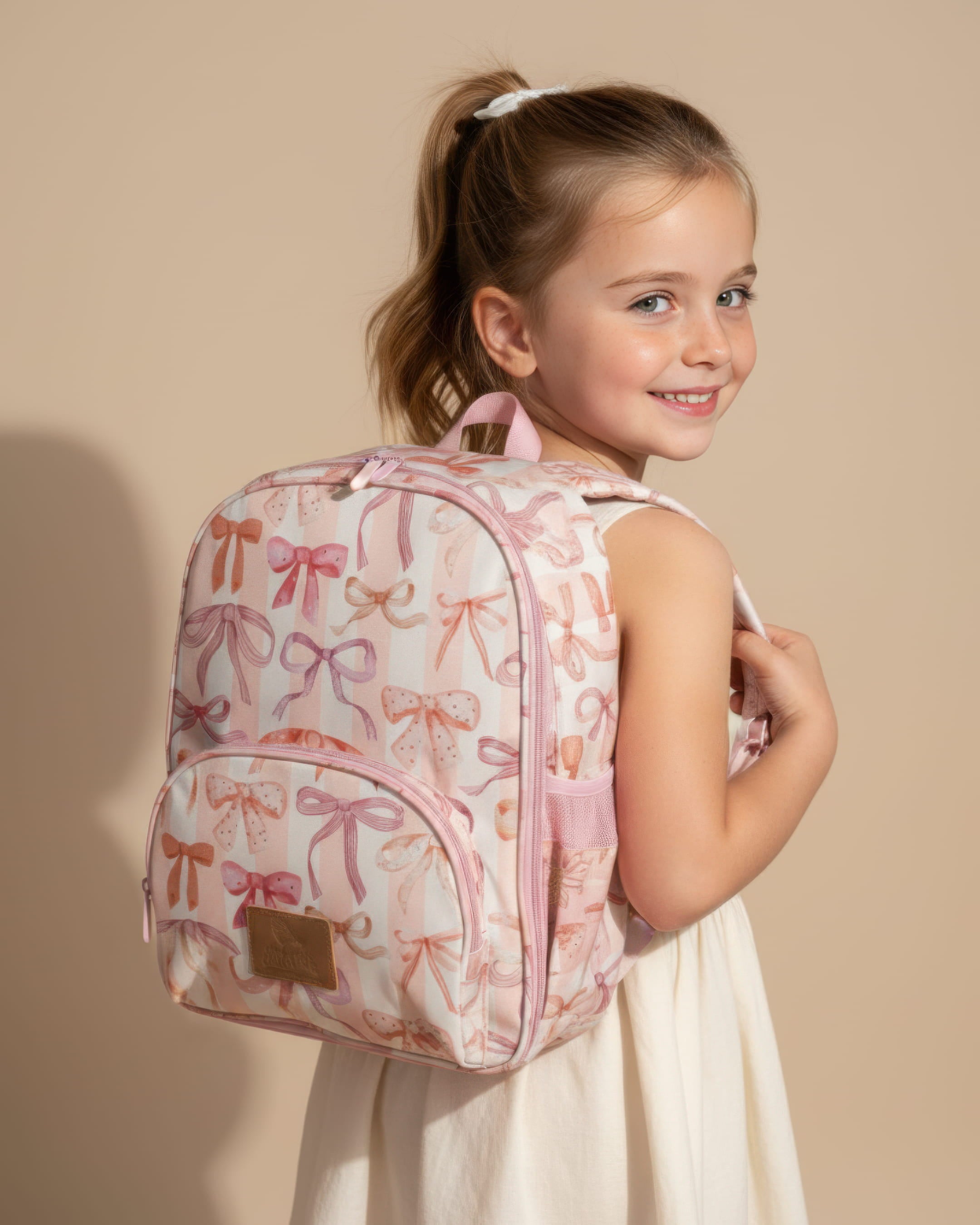 Young girl wearing a pink backpack with bow pattern on a beige background