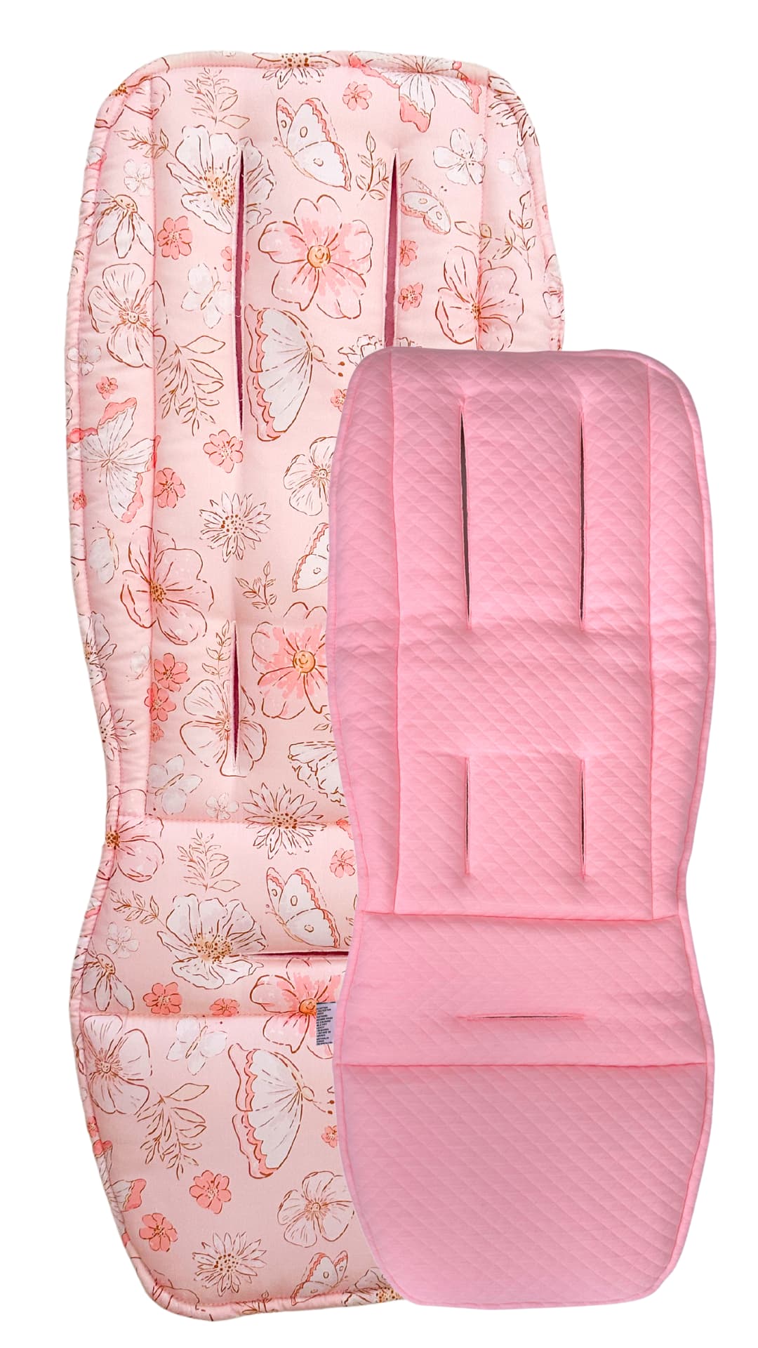 Pink pram seat cover with floral pattern on a white background