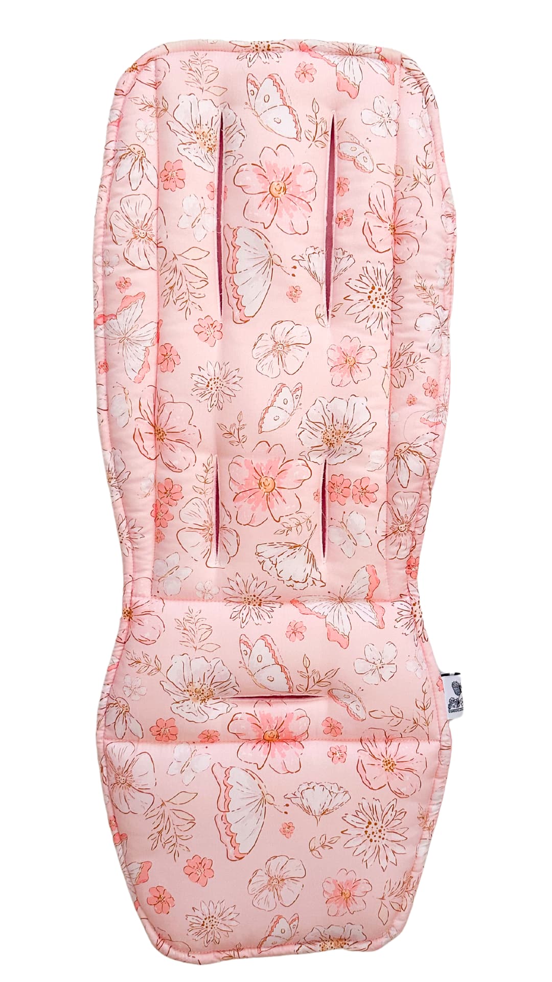 Pink floral patterned baby seat cover on a white background