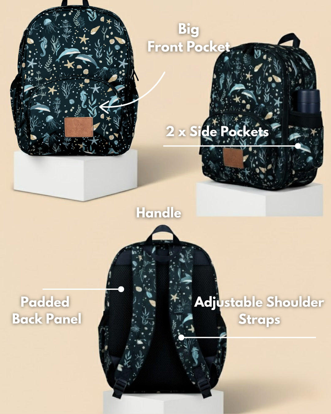 Backpack with features highlighted on a beige background
