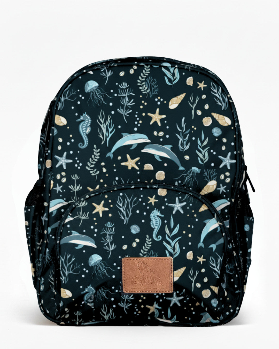 Backpack with ocean-themed pattern on a white background