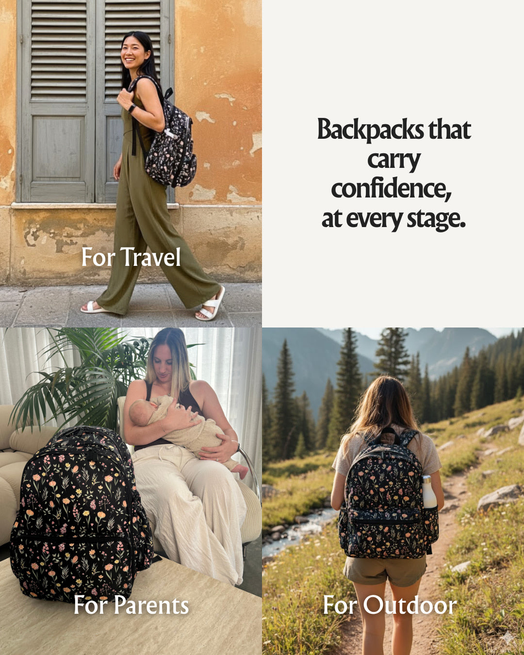 Promotional image of backpacks with text indicating their use for travel, parents, and outdoor activities.