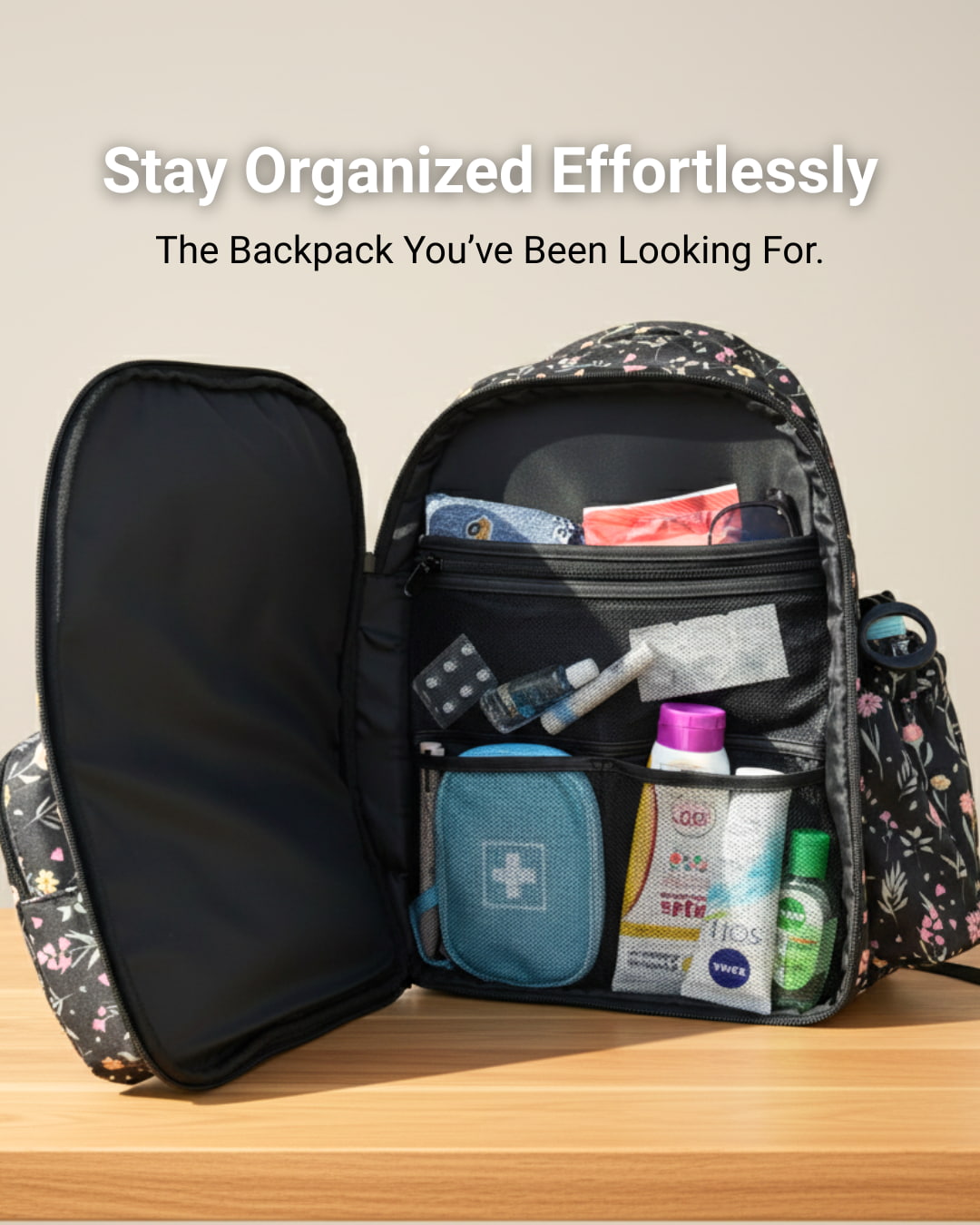 Open backpack with organized items on a wooden surface, promotional text above.