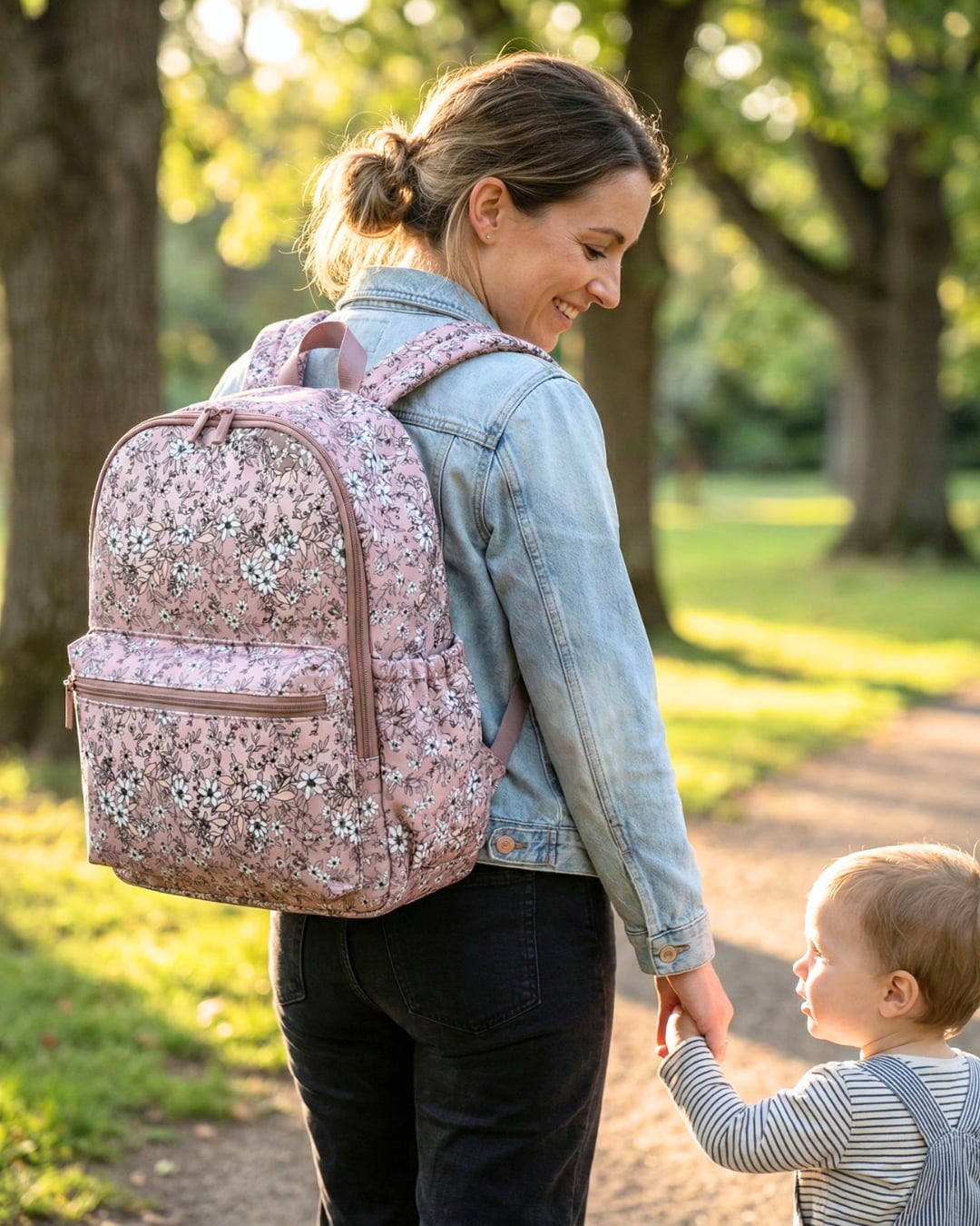 Woman with a floral backpack holding hands with a child in a park