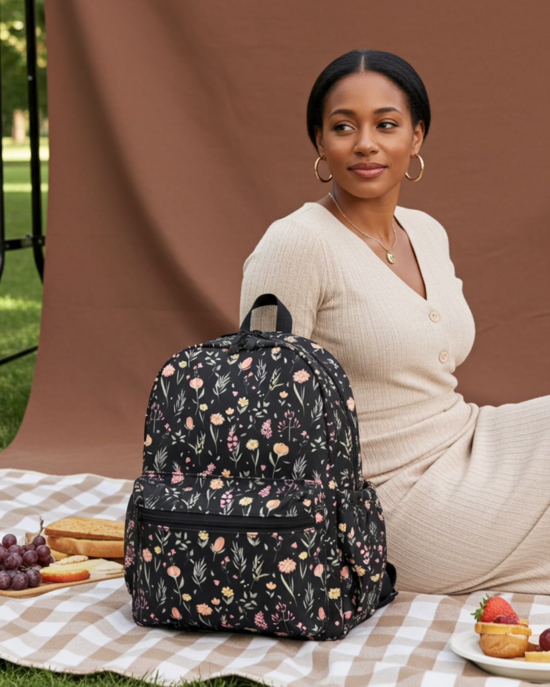Woman sitting on a blanket with a floral-patterned backpack in a park setting