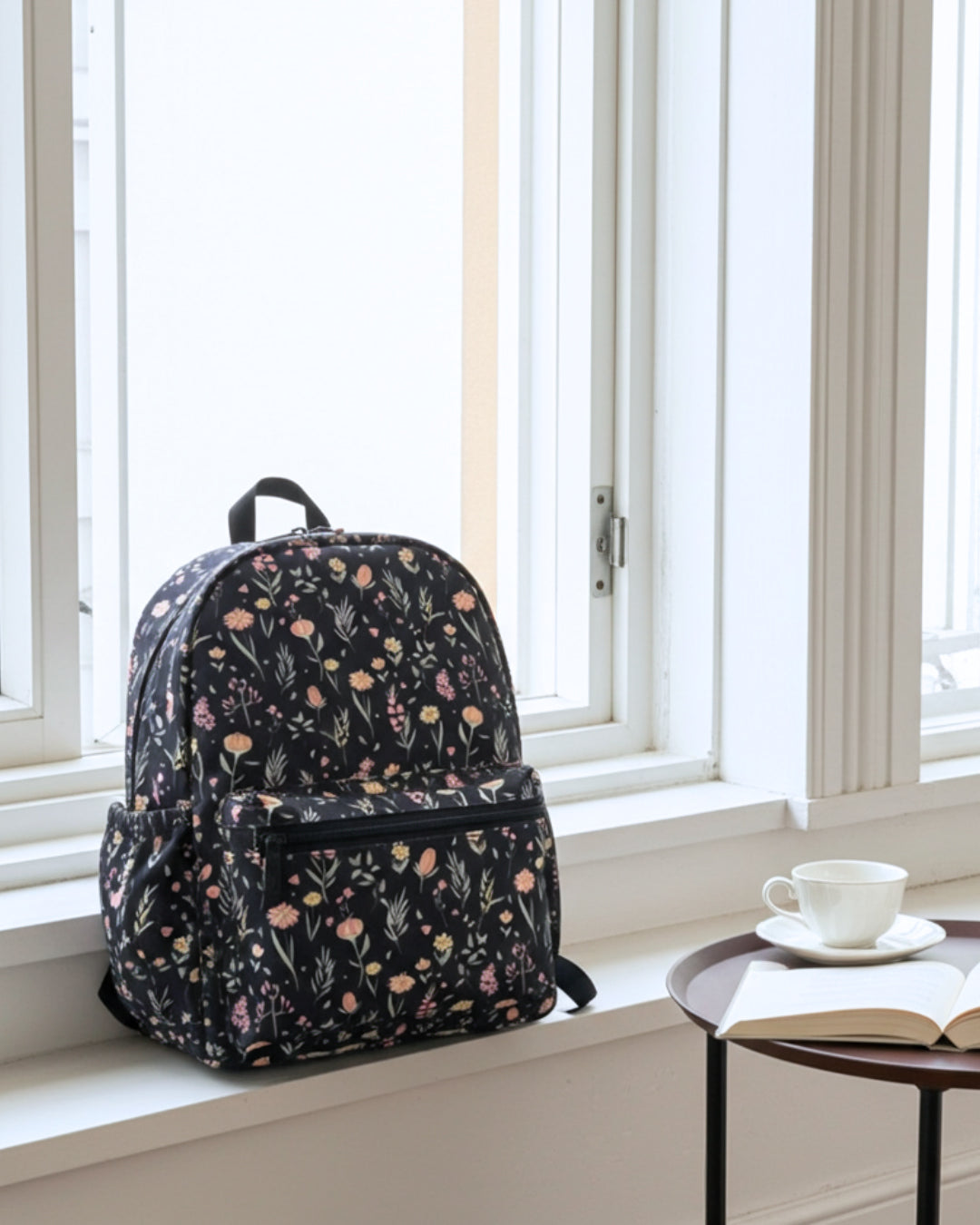 Floral-patterned backpack on a windowsill with a cup and book in the background