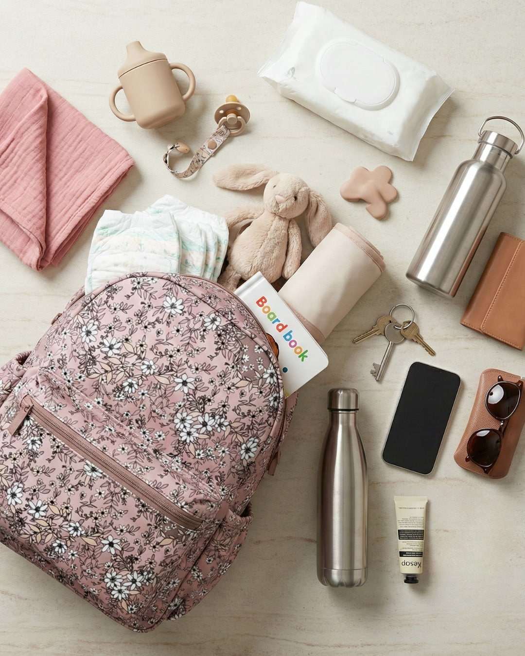 Pink floral backpack with baby items including a bottle, wipes, and toys on a light surface.