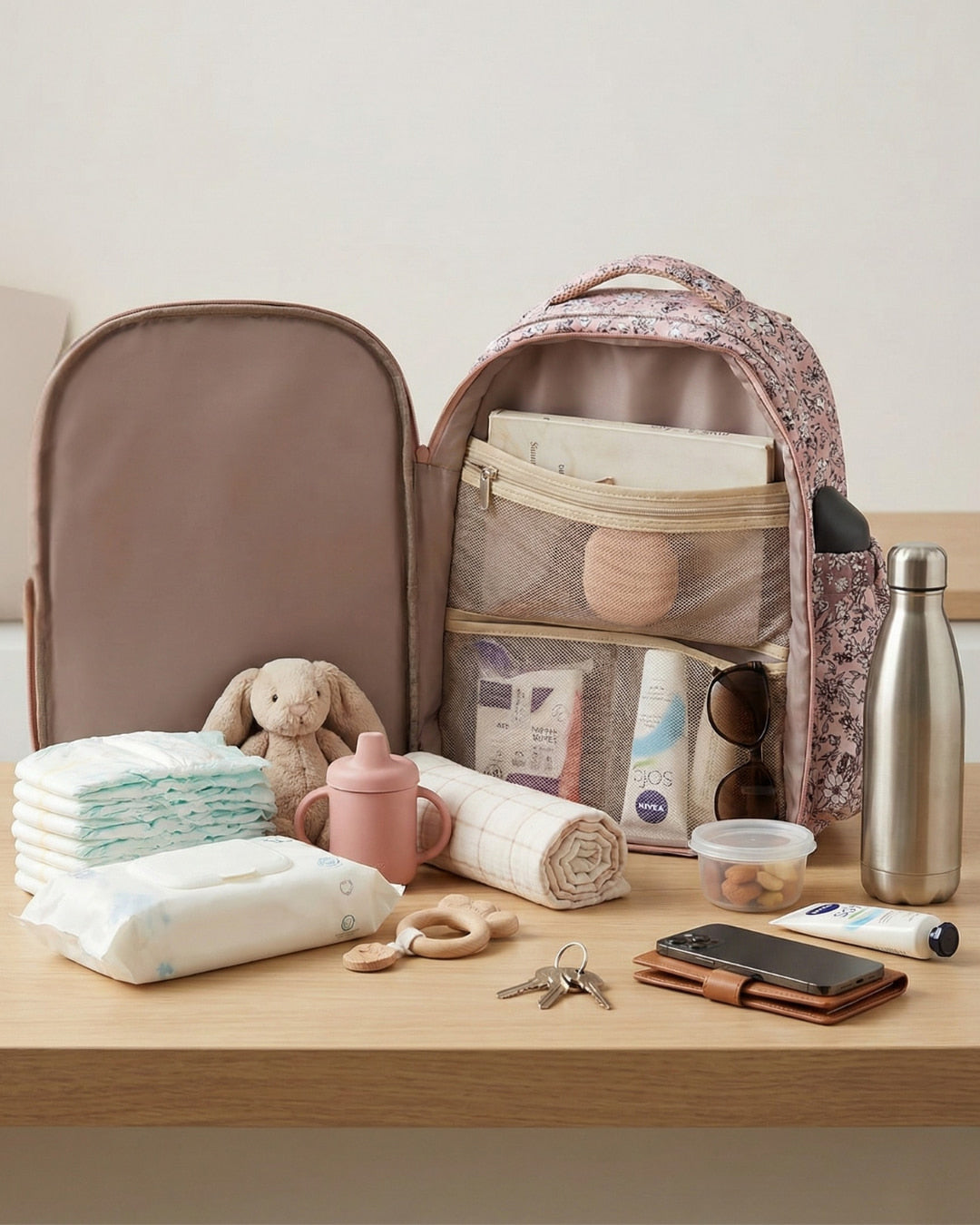 Open diaper bag with baby essentials on a wooden surface