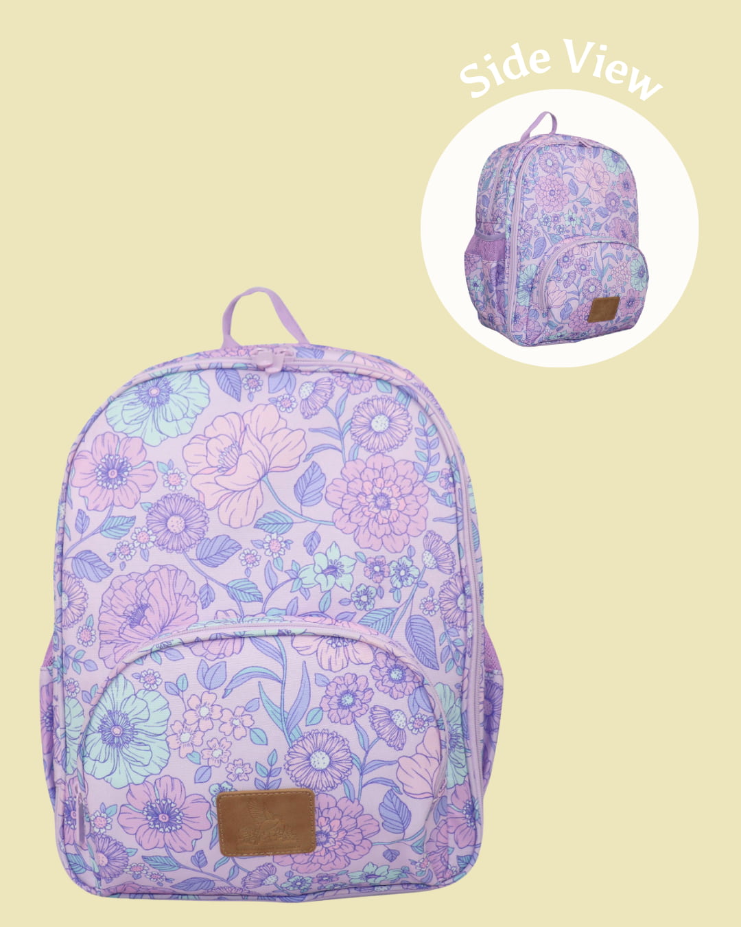 Floral-patterned backpack on a beige background