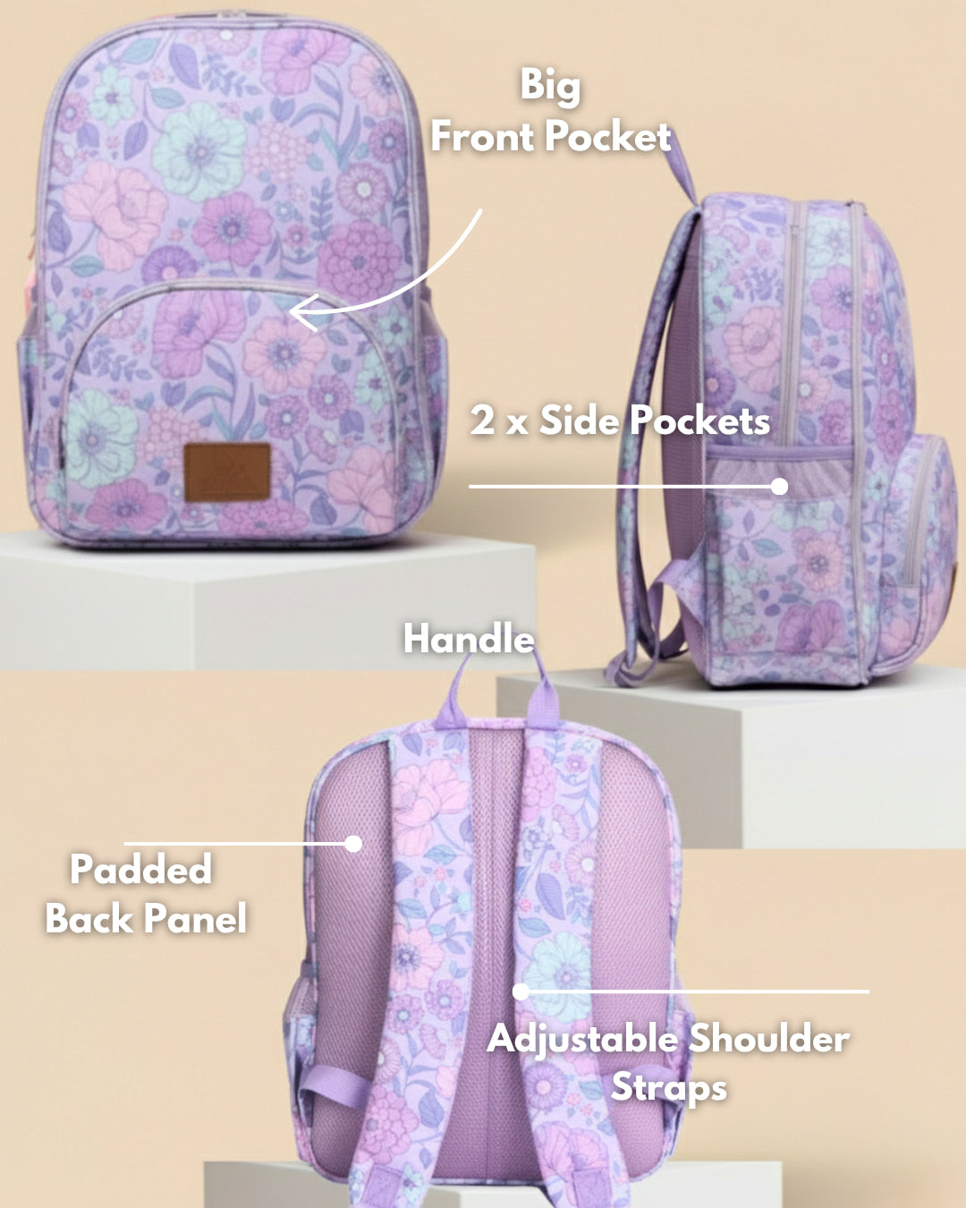 Floral-patterned backpack with labeled features on a beige background