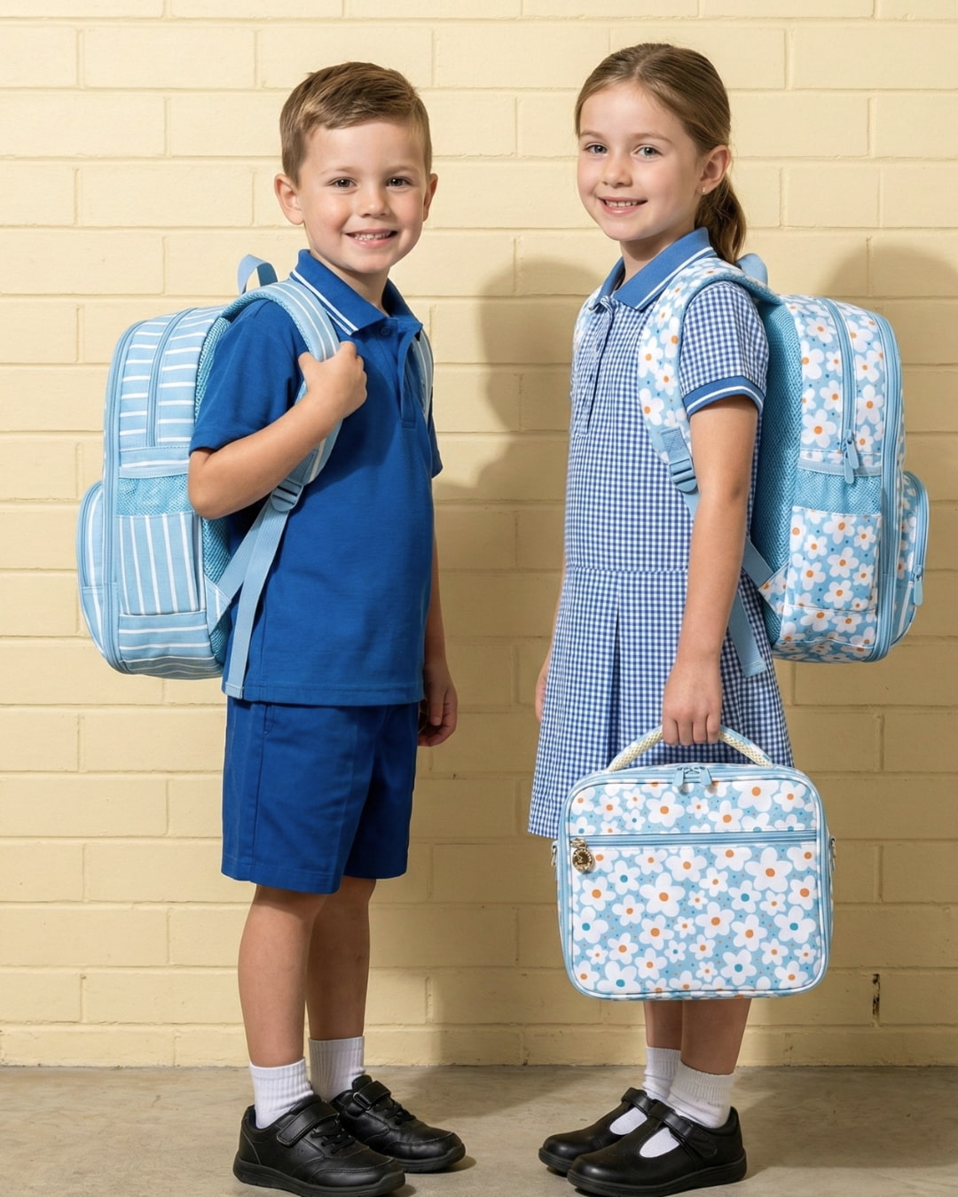 Two children in blue school uniforms with backpacks and a lunch bag against a beige brick wall.