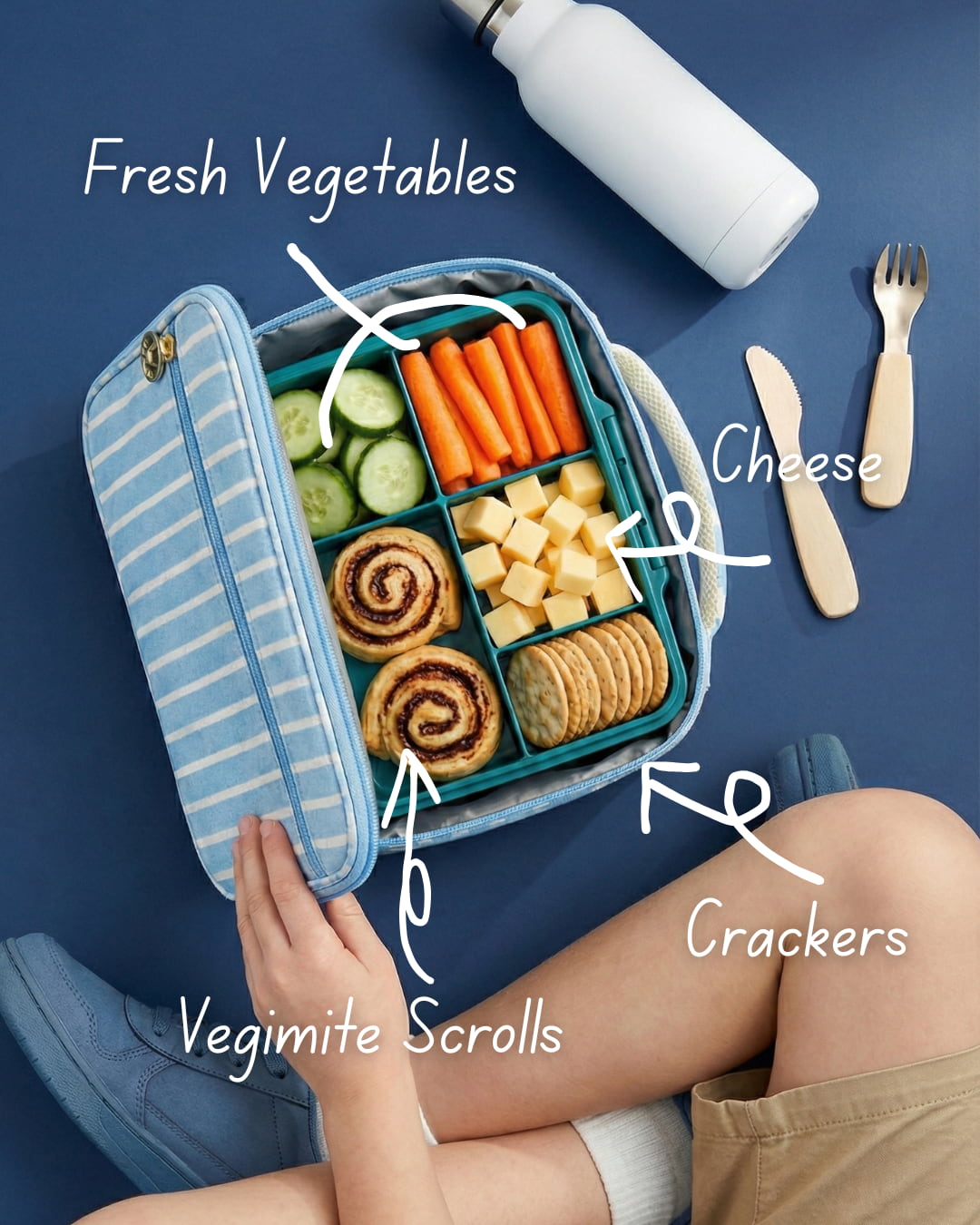 Lunchbox with compartments labeled with food items on a blue background